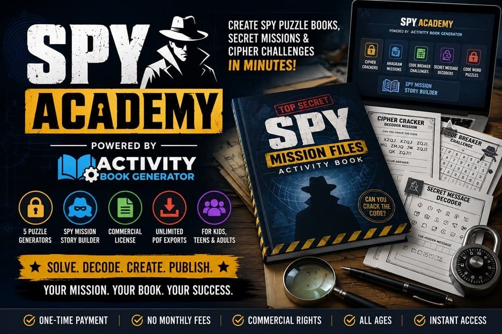 A magnifying glass inspecting puzzle books for a modern Spy Academy book review.