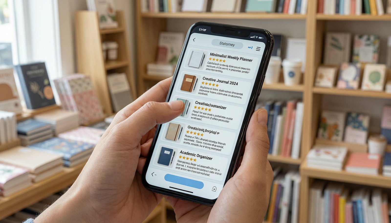A person using a smartphone to view AI-generated product recommendations for stationery.