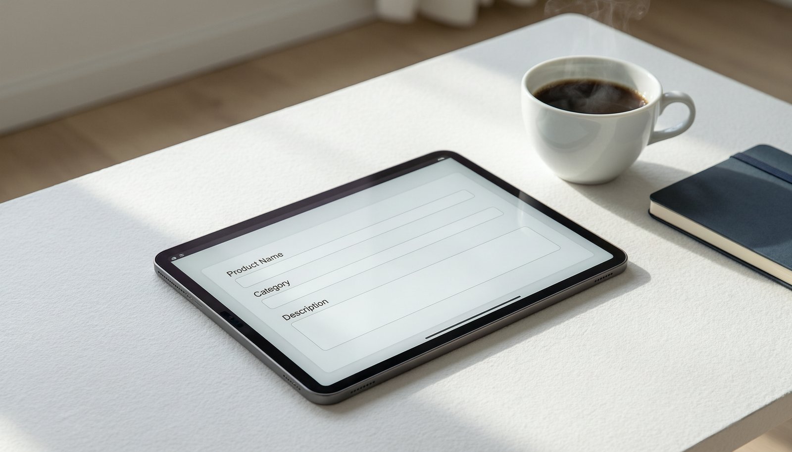 A tablet showing a simple AI search optimization app interface on a white desk.