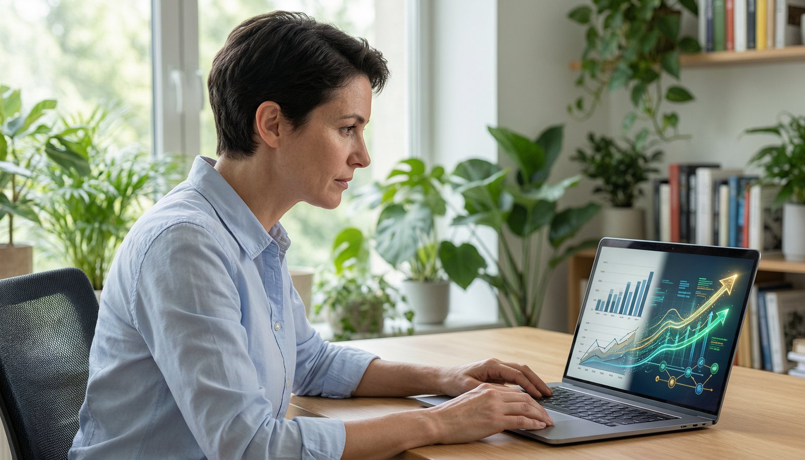 An online business owner analyzing growth data on a laptop in a bright office.