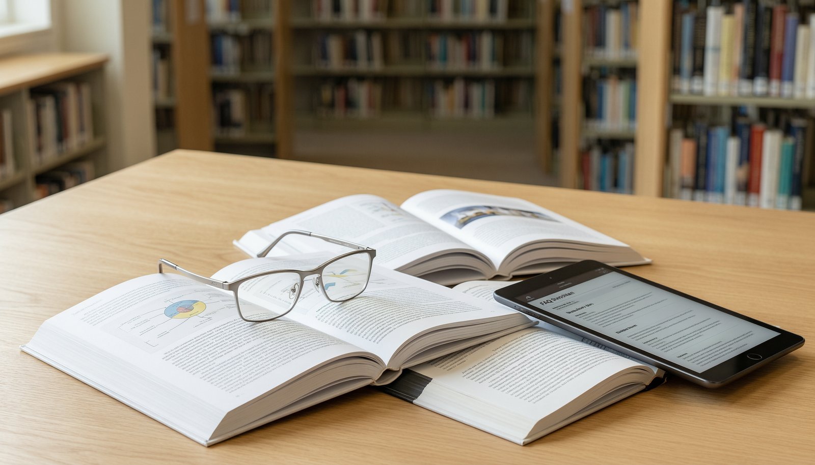 A pair of glasses resting on books and a tablet representing an FAQ section.