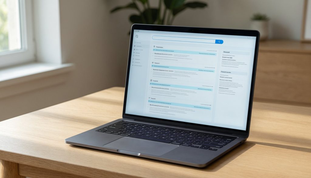 A modern laptop displaying an intelligent AI search interface on a clean wooden desk.