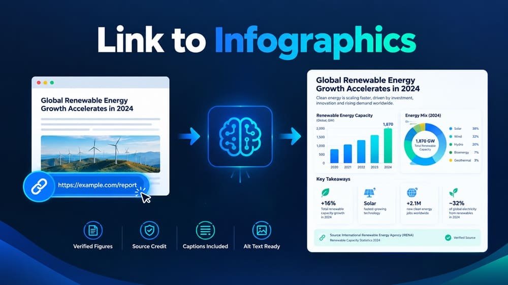 Digital software automatically converting a website link into a clean visual infographic.