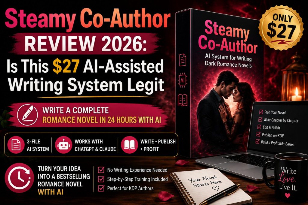 A modern workspace showcasing the creative process behind the Steamy Co-Author writing system.