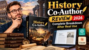Open book merging with digital elements representing history co-author concepts.